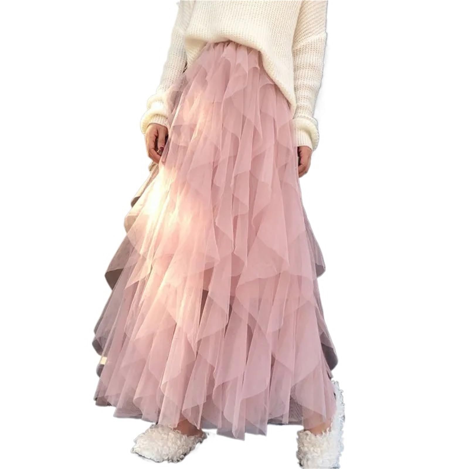 Falda Mujer Falda tutú Irregular de Tul con Cintura Alta elástica for Mujer, Faldas Plisadas largas Midi for niñas(Gray,L)