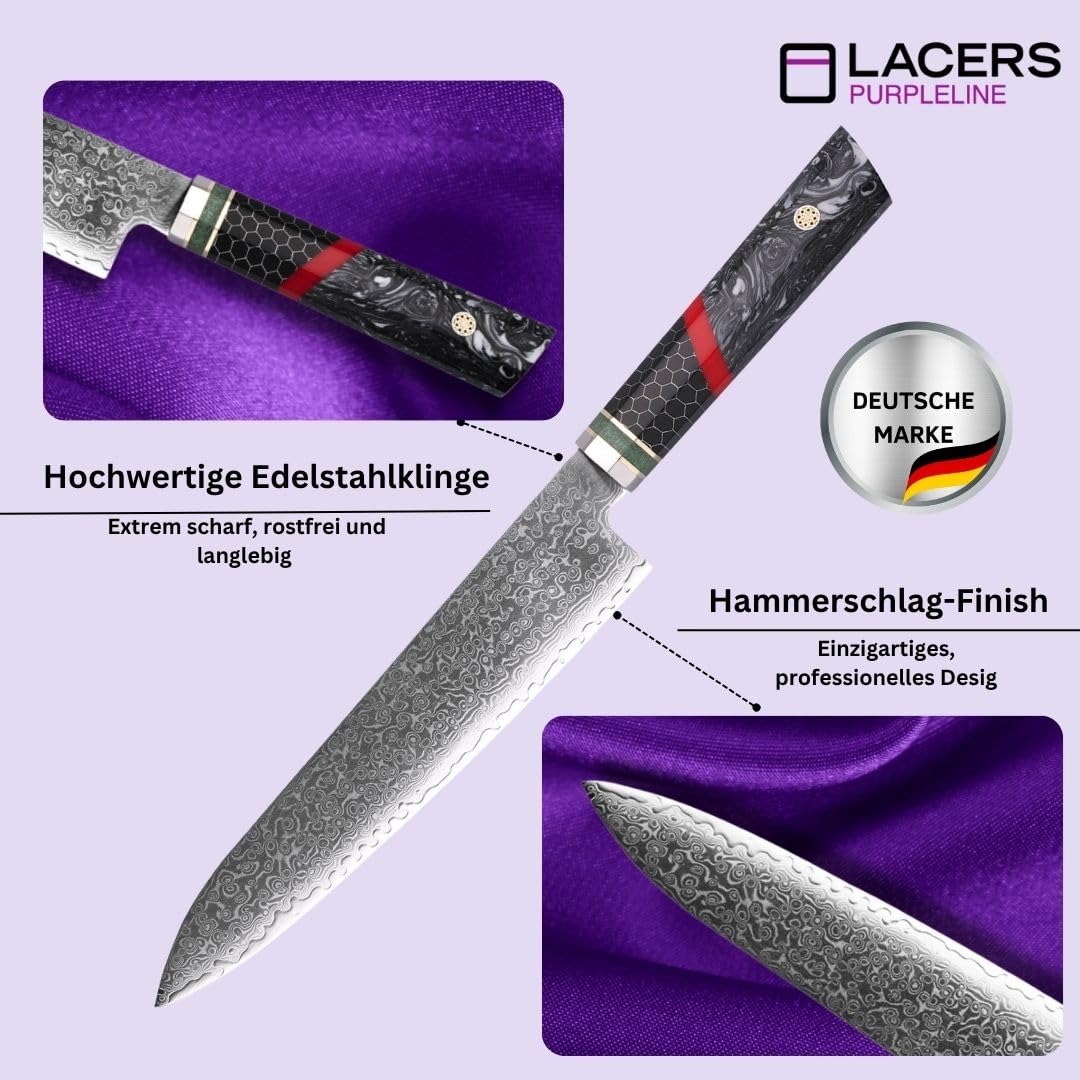 Lacers PurpleLine Damast Chefmesser 20cm Klinge (8 Zoll) Profi Küchenmesser aus Damaststahl mit Edlem Epoxidharz Griff & Geschenkbox - Extrem Scharfes Allzweck Kochmesser für Küche & Steak (M0007)