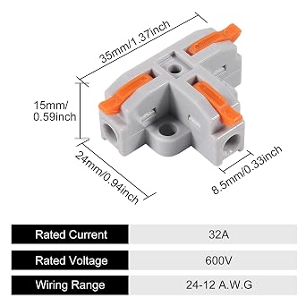 50pcs Compact Wire Conductor Connector, T-Shape Lever Nut Wire Connector, Quick Splitter 3 Way Electrical Connectors, AWG 28-12 (Orange)