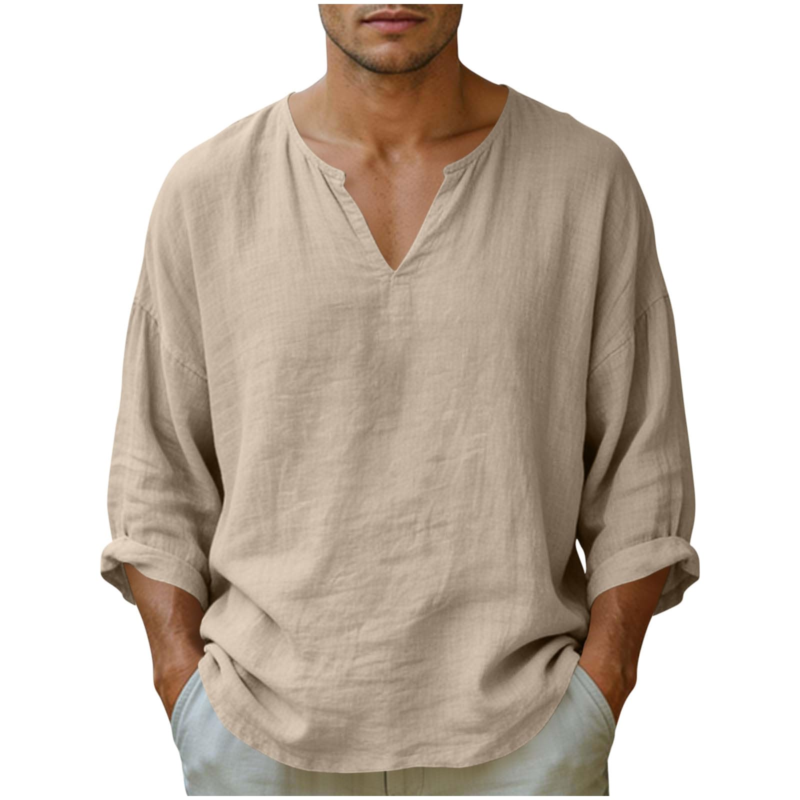 Leinenshirt Herren Freizeit Sommer T-Shirt Leicht Atmungsaktiv Tops Baumwolle Leinen Oberteile Lässig Musselin Tshirt Einfarbig Sport Laufshirt Mode V-Ausschnitt Hawaiihemd Sportshirt