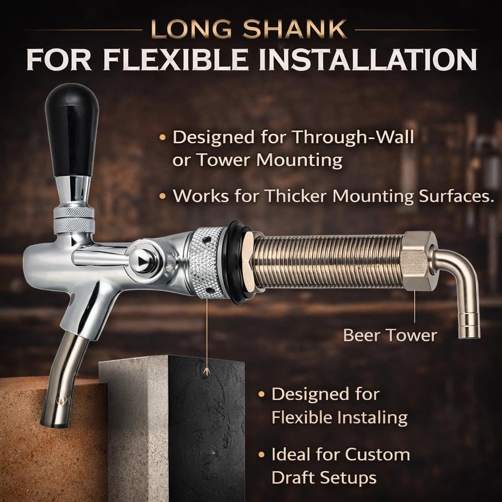 Adjustable Draft Beer Faucet with Long Shank, G5/8 Stainless Steel Beer Tower Faucet Replacement for Kegerator, Homebrew Keg System, Home Bar Tap