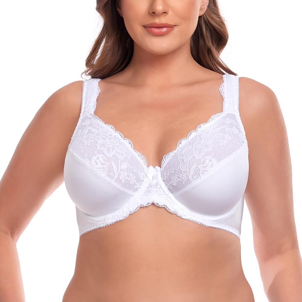 Women's Underwire Full Coverage Lace Bra Plus Size Non Padded Comfort Minimizer Bra, White, 105J