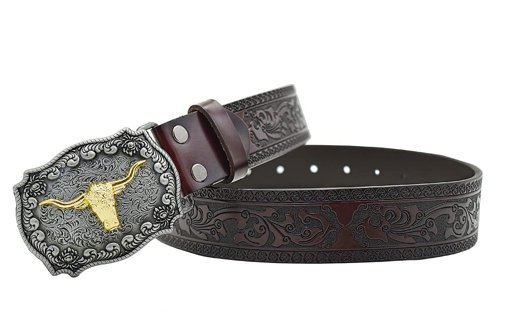 Cintura Western Marrone Scuro, Cintura Di Mucca Lavorata A Mano, Cintura In Pelle Con Set Di Fibbie Con Incisione Floreale In Bronzo Antico - Italia - Foto 6