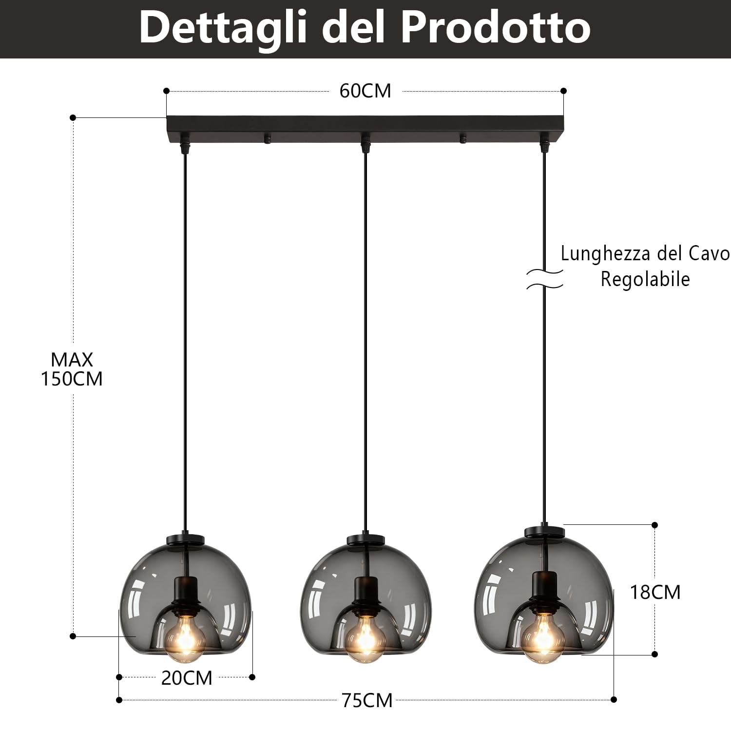 Lampada a Sospensione Vetro 3 Luci - Lampadario da Soffitto Cucina Vintage | Altezza Regolabile, Paralume Vetro Trasparente Nero, Attacco E27 Plafoniera da Soffitto per Cucina, Camera da Letto, Caffè
