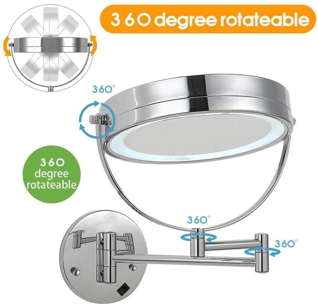 20,3 cm Wandhalterung Kosmetikspiegel mit Lichtvergrößerung, Make-up-Spiegel, Wandmontage, 5-fache Vergrößerung, doppelseitiger Touch-Tasten-Kosmetikspiegel – 360 Grad Drehfunktion