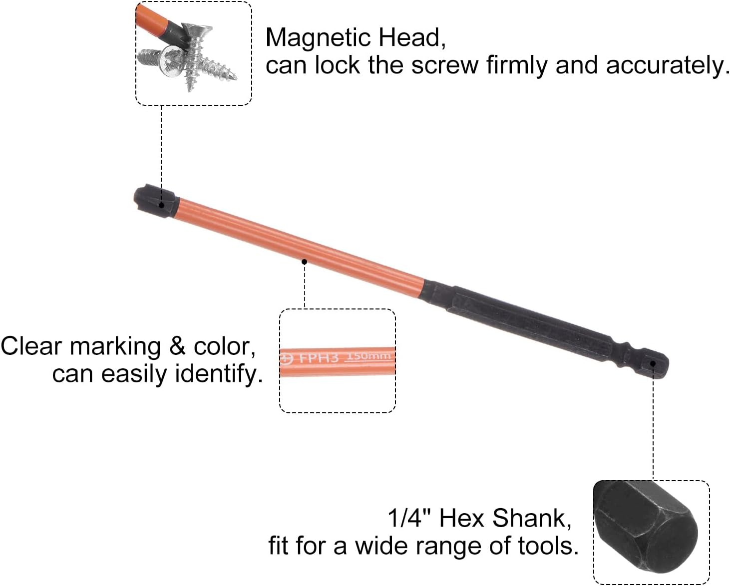 HARFINGTON 3pcs Phillips Slotted Head Screwdriver Bits FPH3 5.9" Length 1/4" Hex Shank S2 Steel Magnetic Flat Cross Head Electrician Bit