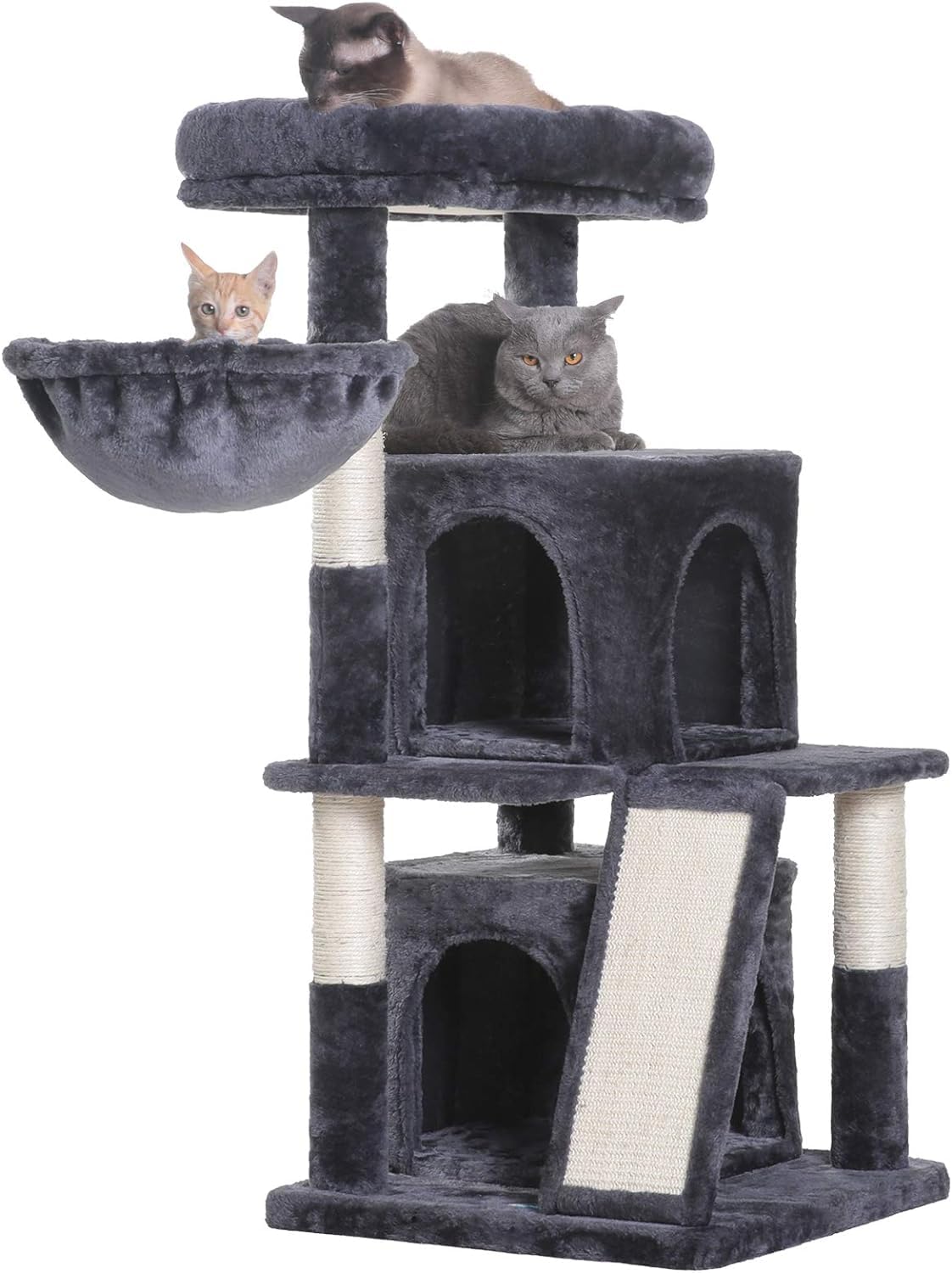 Cat Tree with Scratching Board, 2 Luxury Condos, 41.34 inches Cat Tower with Padded Plush Perch and Cozy Basket (Smoky Gray)