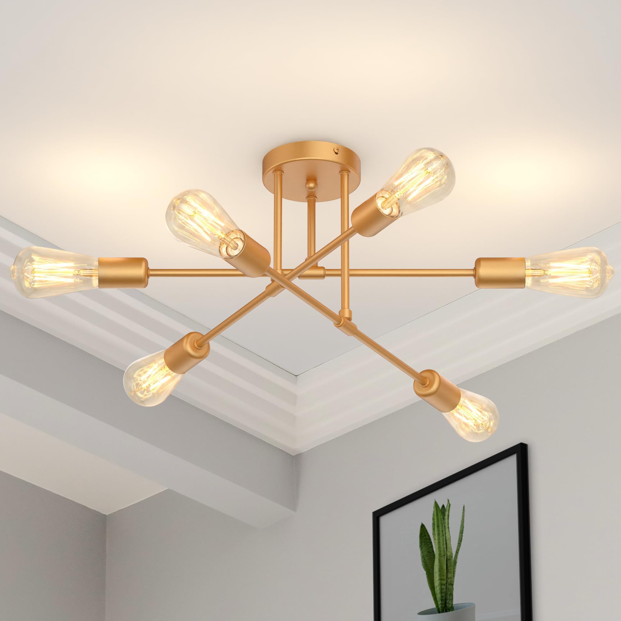Modern Sputnik Chandelier, 6-Light 22" Semi Flush Mount Ceiling Light Fixture, Mid Centur…