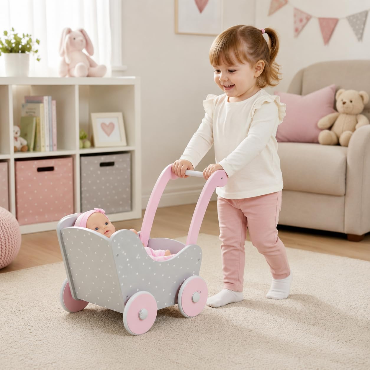 Bayer Chic 2000 Poussette en Bois pour poupées jusqu'à 54 cm, Landau en Bois, Hauteur coulissante 43 cm, Gris Puntos