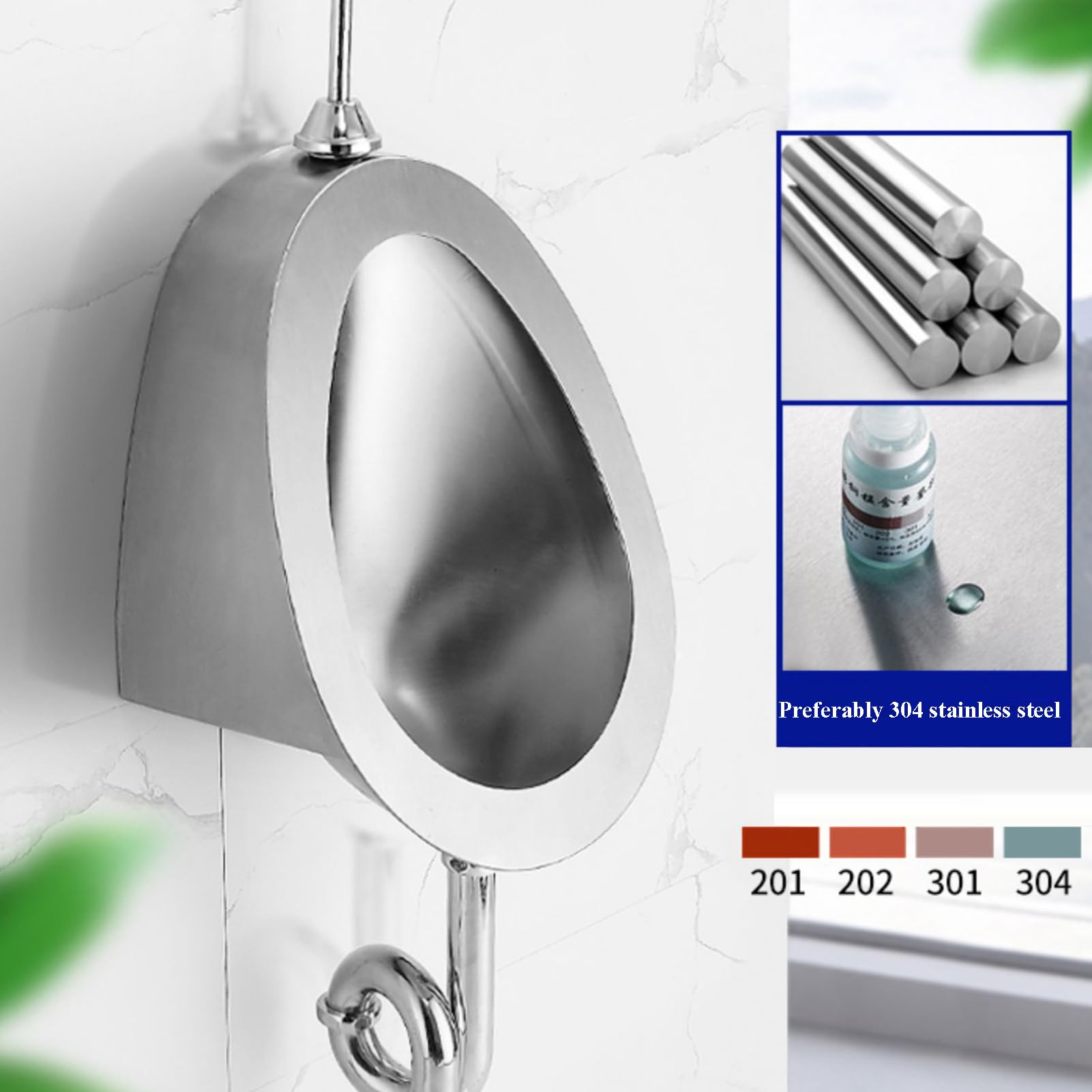 OTQEFTN Wall-Mounted Men's Flushing Urinal, 304 Stainless Steel Urinal Commercial Public Restroom Sensing Men's Adult Urinal,Splash-Proof Urine Diverter,for Bars/airports