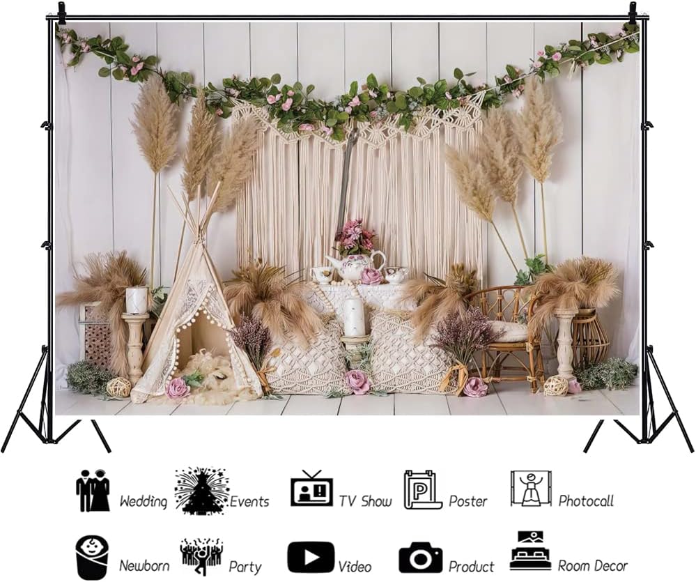 Renaiss 7x5ft Bohemian Interior Backdrop for Photoshoot Kids Adults Portrait Bohemia Tent Reed Flower Rose Vine Cream Beige Boho Photography Background Wedding Birthday Party Decors Photo Booth Props