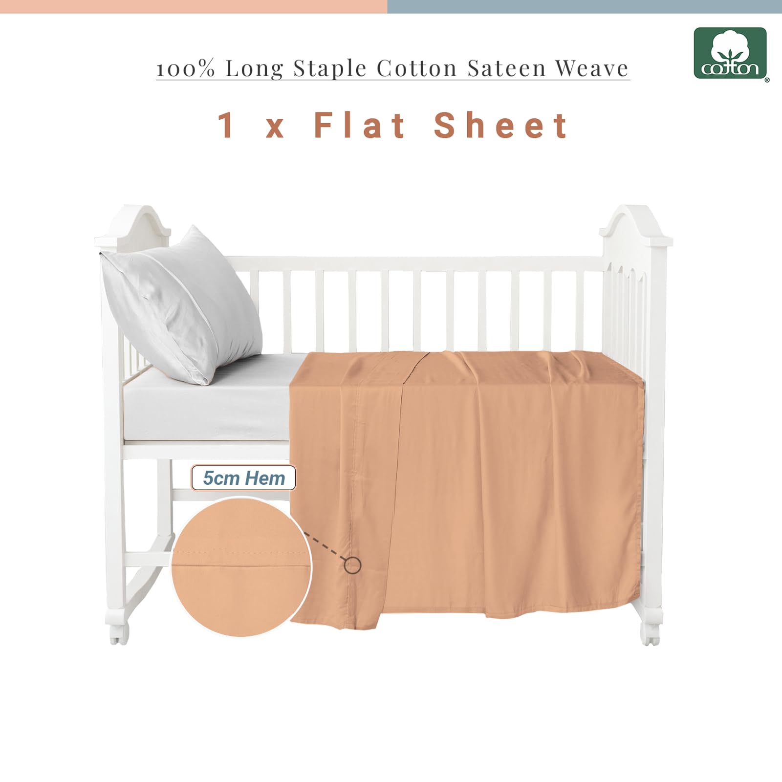 Pizuna Baby Flat Sheet for Crib 70 x 100 cm, Peach, 400 Thread Count 100% Long Staple Cotton Flat Bed Sheet - Image 3
