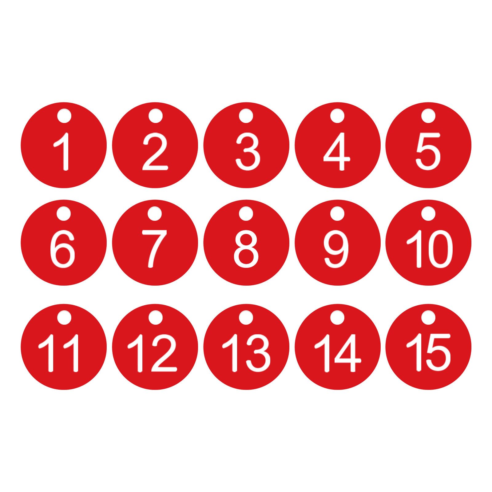 PATIKIL 1-15 Number Tags, 15Pcs Round ID Number Key Tags Plastic Numbered Keychain for Luggage Lockers Organizer Field Sales Hangers Clothes Labels, White Red