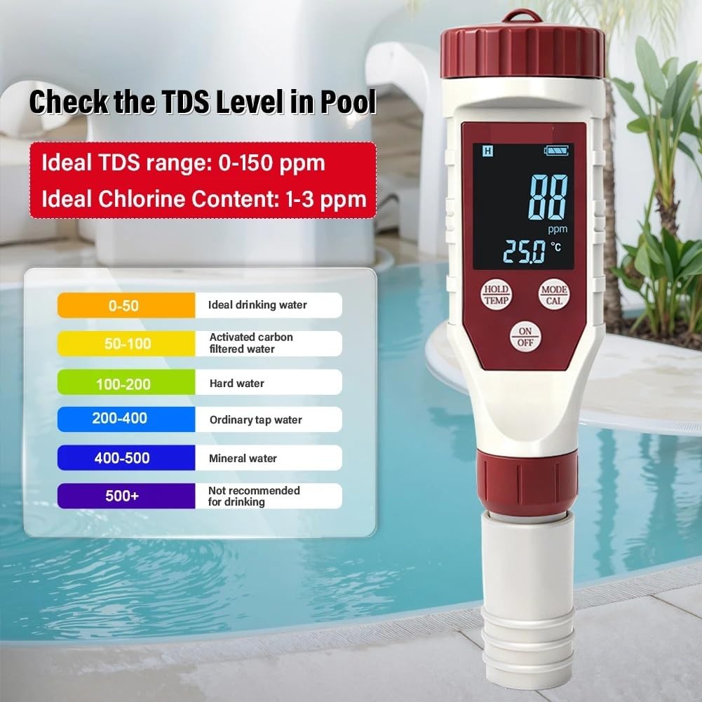 Testeur de qualité l'eau 7 en 1, stylo numérique FAC PH ORP TDS salinité EC TEMP