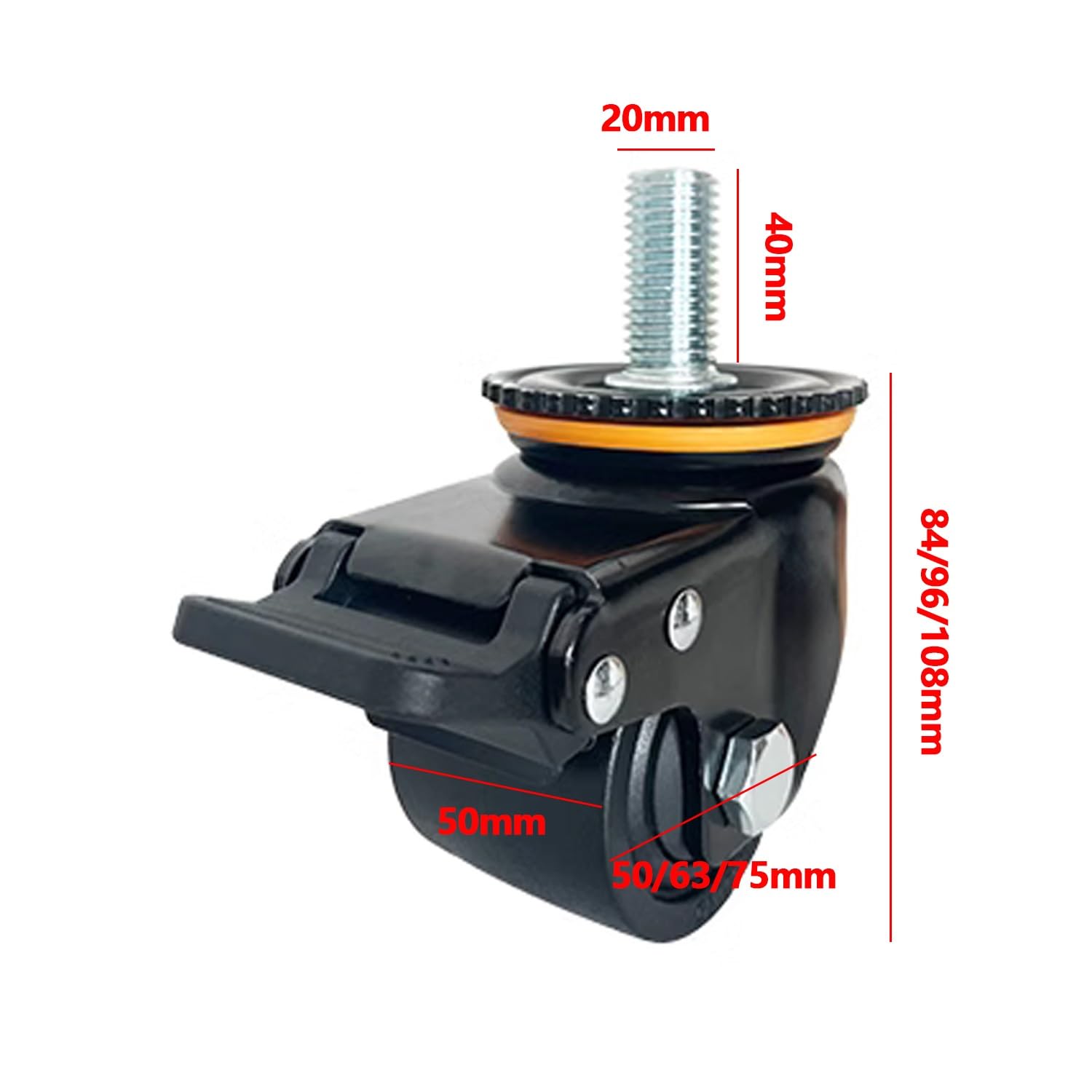 Ruote girevoli da 2/2,5/3 Pollici con Freno, Ruote industriali in Nylon per impieghi gravosi M20 mm, Set di 4, Ruote bloccabili per Meccanica/Carrello/mobili