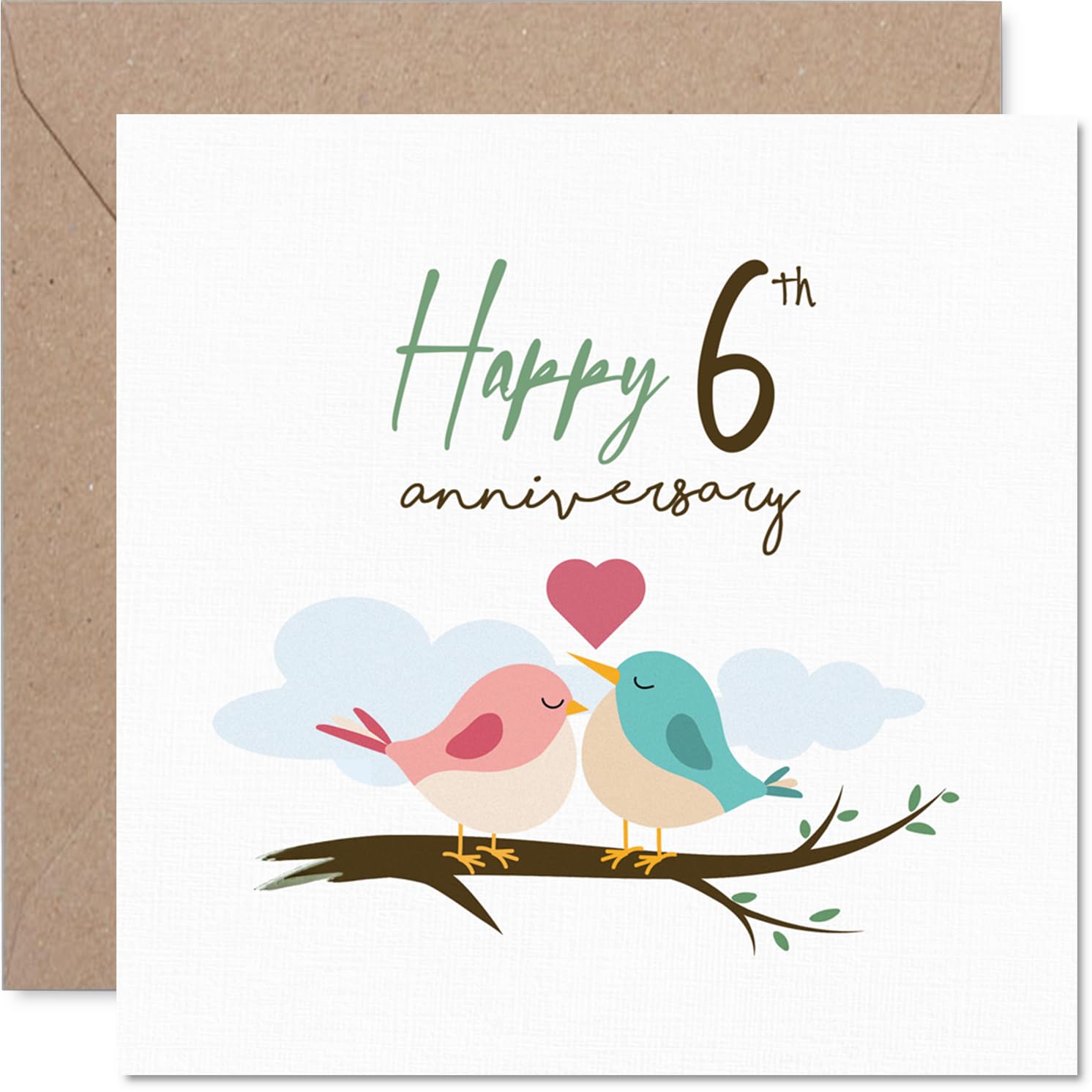 Playful 6th Anniversary Card - Two Lovebirds Perched on a Branch - Whimsical Pink and Blue Design for a 6th Anniversary - 145mm Square, Envelope Included