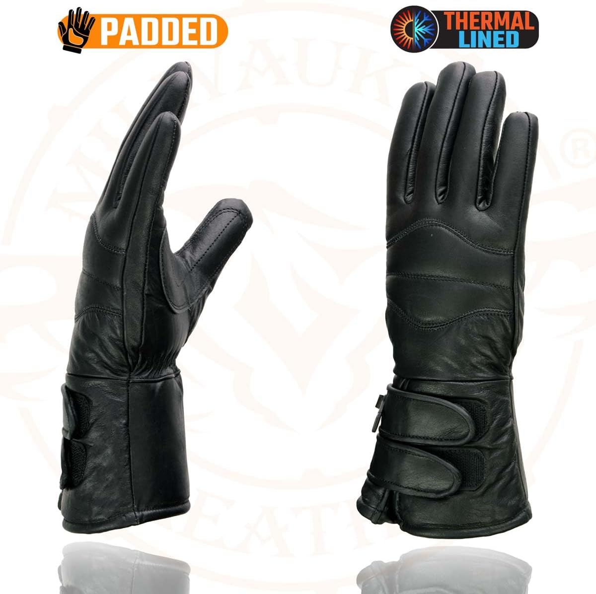 Milwaukee Leather SH233 Men's Black Leather Warm Lining Gauntlet Motorcycle Hand Gloves W/Double Strap Cuff Pull-on Closure - Image 3