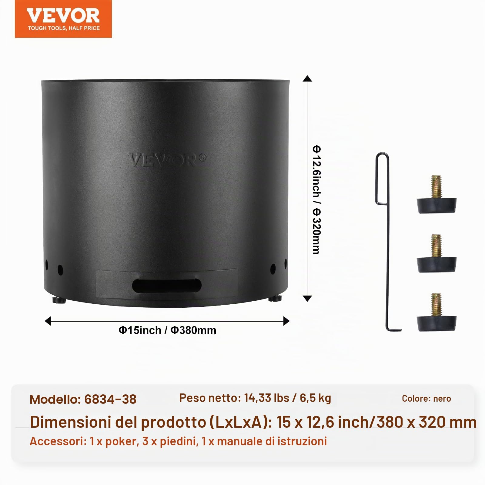 VEVOR Braciere a Legna Senza Fumo, 380x320mm, Braciere con Portacenere Rimovibile, Braciere da Esterno Portatile per Interni in Acciaio Inossidabile SUS430, per Giardino Cortile Campeggio da Esterno