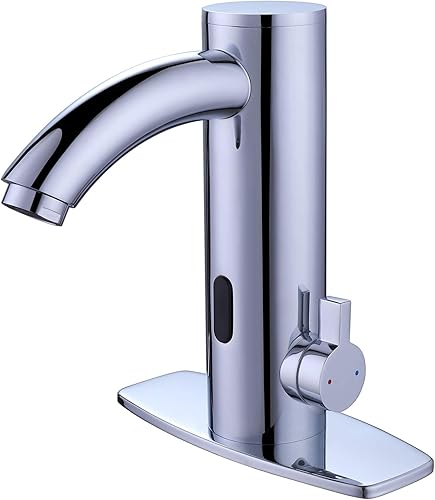 Grifo de lavabo de baño sin contacto con sensor automático con placa de tapa de agujero, grifos de tocador cromados, grifo de agua manos libres con