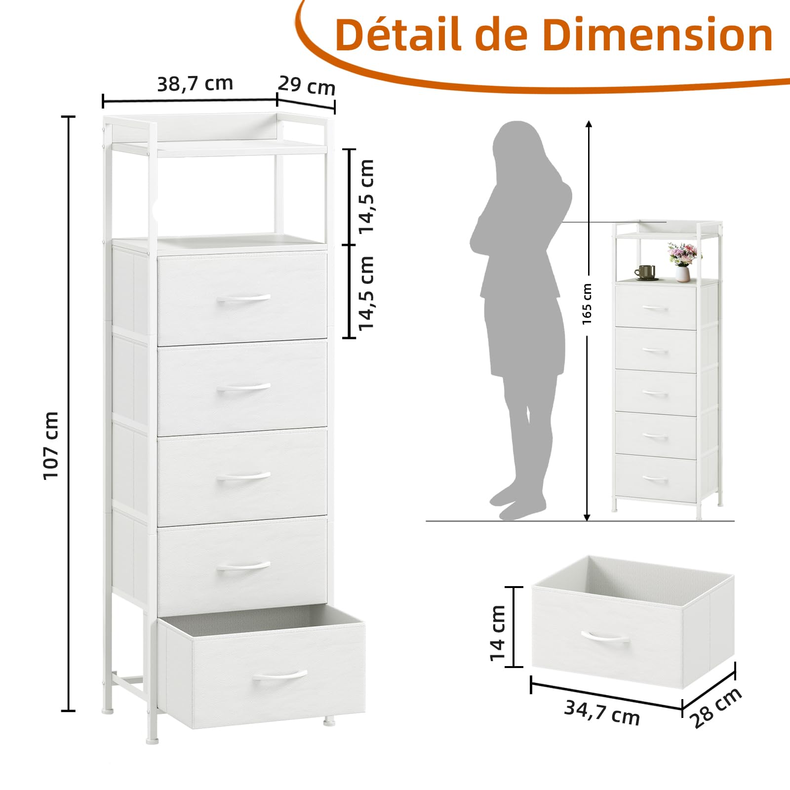 Somdot Commode Chambre, Meuble de Rangement Haute en Tissu avec Cadre en Acier, Chiffonnier pour Adult Salon Couloir Entrée Placard, 29P x 38,7l x 107H (5 Tiroirs), Blanc