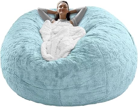 NONCHI Bean Bag Chair Cover for Adults/Teens No Filler, Big Round Soft Fluffy PV Velvet Lazy Sofa Bed Cover - Machine Washable Covers,Sky Blue,6FT