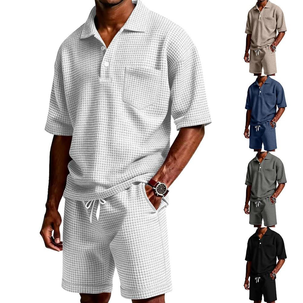 Herren Trainingsanzug 2 Teiler Sommer Outfit Shorts und Poloshirt Set Kurzarm Sportanzug Zweiteiler Casual Jogginganzug Freizeitanzug