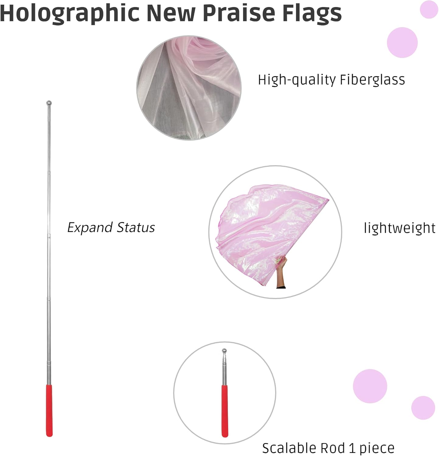 Worship Flag with Scalable Rod, 50" Soft Semicircle Polyester Flag for Dance Practice Performance, Praise Dance Flags, Church Flags, Flex Banner, Banderas de Danza (Pink)