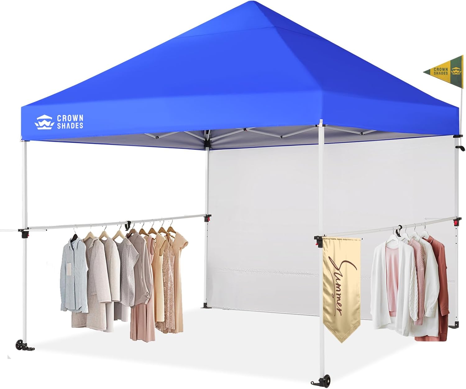 CROWN SHADES 10x10 Pop Up Commercial Canopy Tent, Patented One Push Setup, Heavy Duty Vendor Tent, 1 Removable Sidewall, 4" Wheels, Sto'N Go Bag, 400D Silver Coated, UPF 50+ Waterproof, Blue
