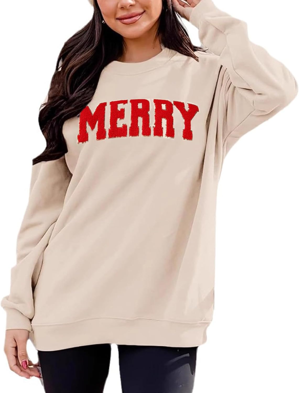 Arssm Women's Merry Christmas Sweatshirt Graphic Chenille Patch Letter Printed Crewneck Xmas Oversized Pullover Top - Image 5