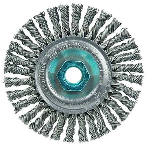 Image of Weiler 13127 Dualife Stringer Bead Twist Knot Wire Wheel Brush, Very Narrow Face, Steel Bristles, M14 X 2.0 Arbor, 0.020 inch Wire Size, 4 inch Diameter, 3 /16 inch Face Width, Made in the USA