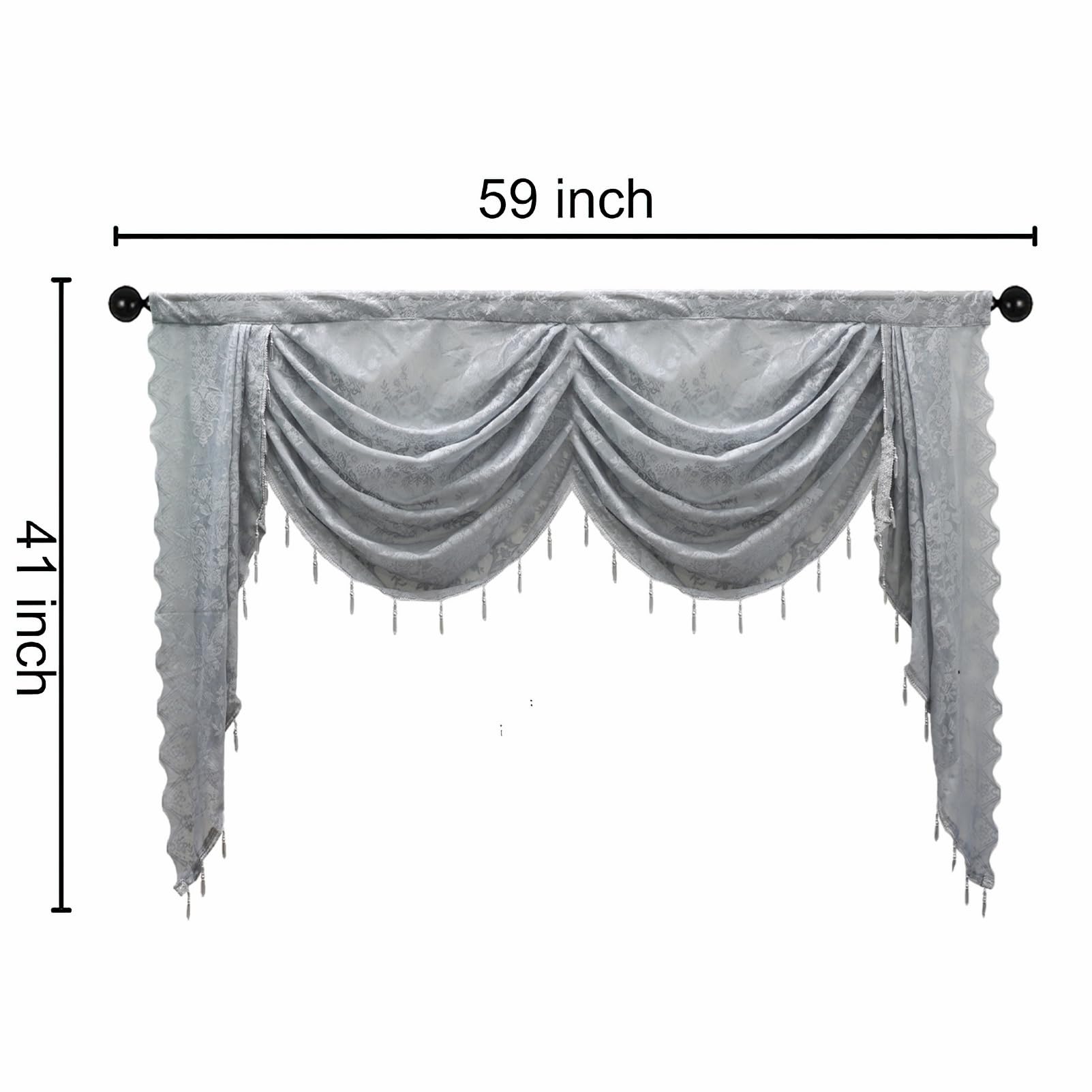 apott Grey Swag Valance for Windows Waterfall Valance Curtains Beaded Voile Swags Small Lace Drapes for Living Room Bedroom Party 59x 41 Inch - Image 2