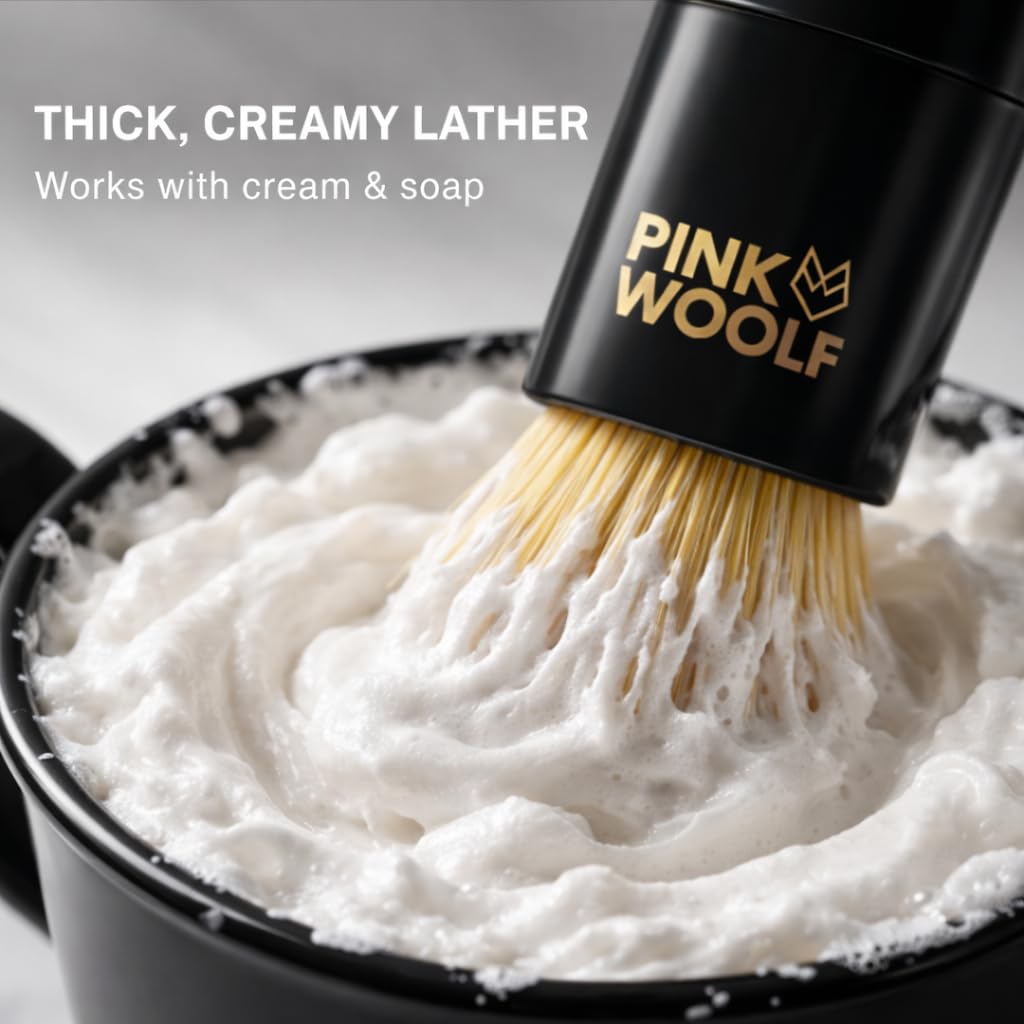 Pink Woolf Shaving Brush for Men, Soft Synthetic Bristles for Rich Lather, Gentle on Skin, Works with Shaving Cream & Soap, Wet Shaving Brush, Black Handle 1
