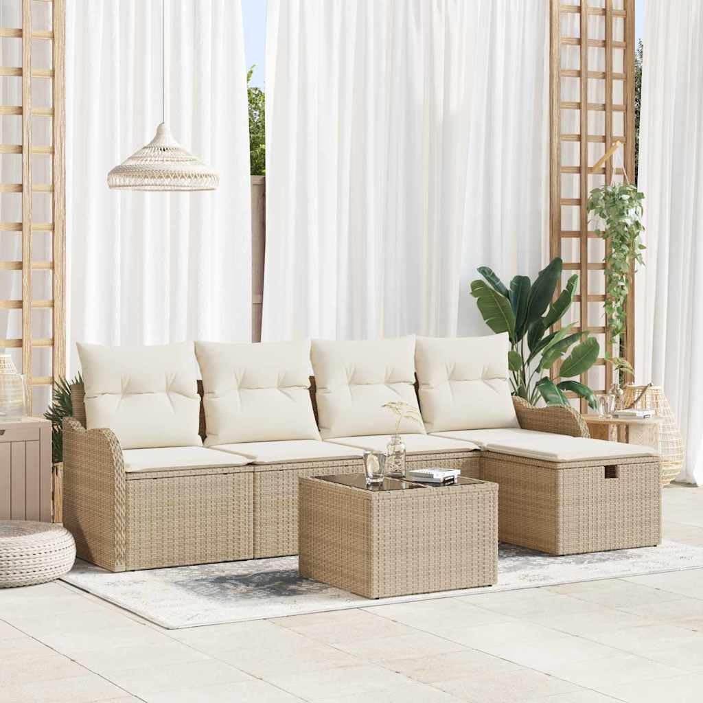 Juego de sofá de jardín de 6 piezas con cojines, sofá de poliratán beige, modular con almacenamiento para terraza