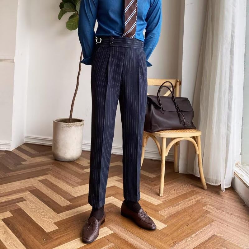 Men's Pinstripe Dress Pants Flat Front Gurkha Striped Suit Pants Slim Fit Lightweight Work Office Business Trousers3
