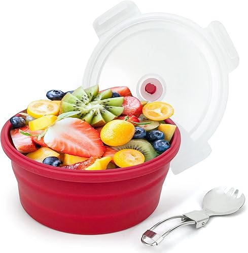 Tazón grande de 40.6fl oz con cuchara plegable, cuenco plegable con tapa, contenedor de silicona para viajes, camping, preparación de comidas y