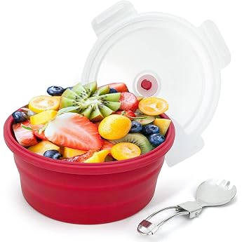 1200 ml Large Silicone Food Container with Lid Foldable Camping Bowl for Meal Preparation Picnic Silicone Bowl with Foldable 2 in 1 Fork and Spoon Red