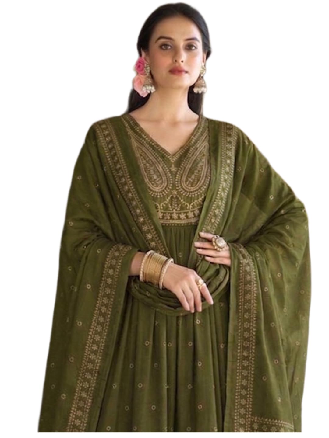 ANNI Designer Kurta Ensemble pour femme en viscose brodée | Ensemble Kurti pour femme | Anarkali Kurta Pant Dupatta Tenue 3 pièces | Col en V Manches 3/4 Coupe droite Vêtements ethniques pour femme