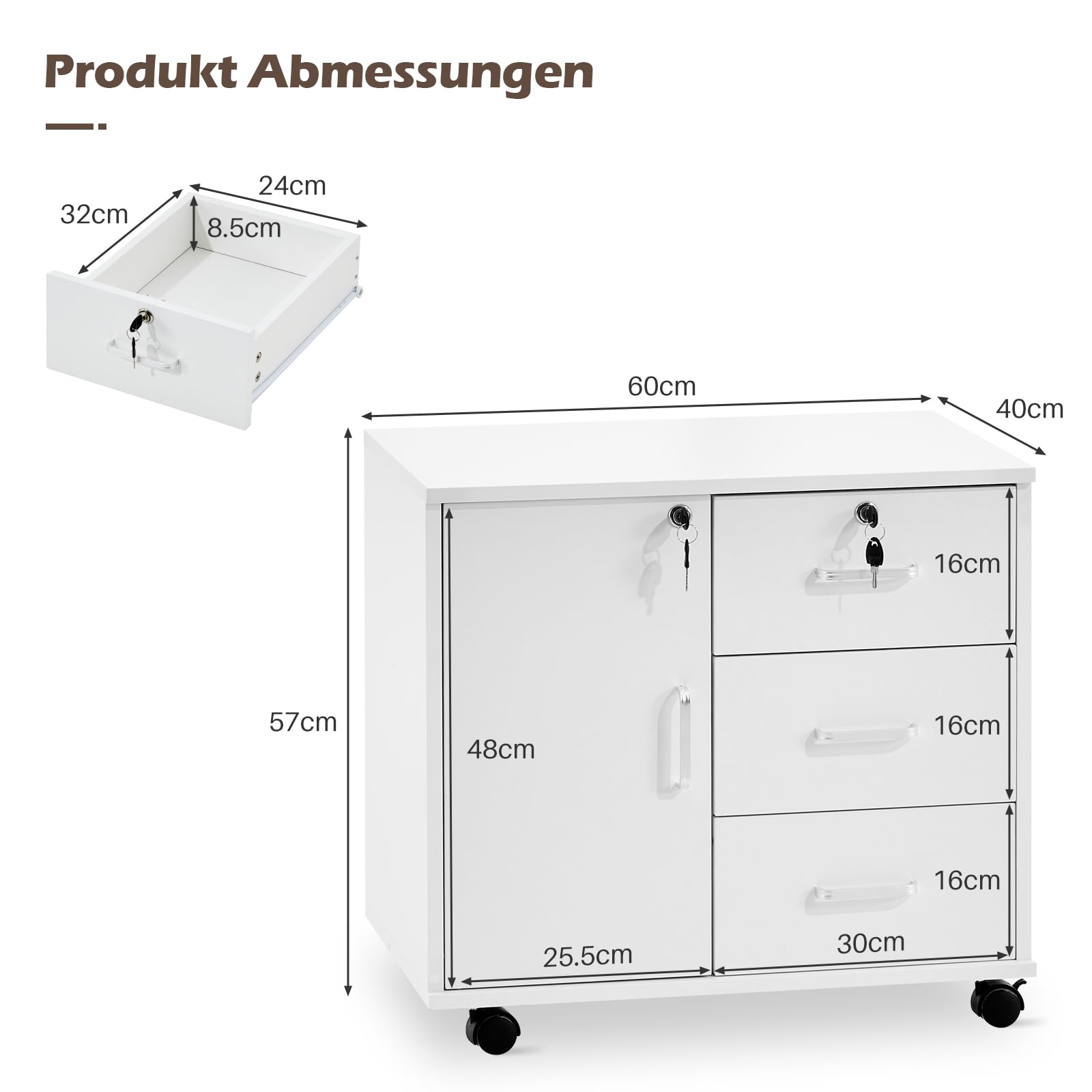 TUKAILAI Rollcontainer Abschließbar, Mobiler Aktenschrank mit 3 Schubladen und Schrankfach, 4 Rollen, Schubladenschrank für Büro und Home Office, Weiß