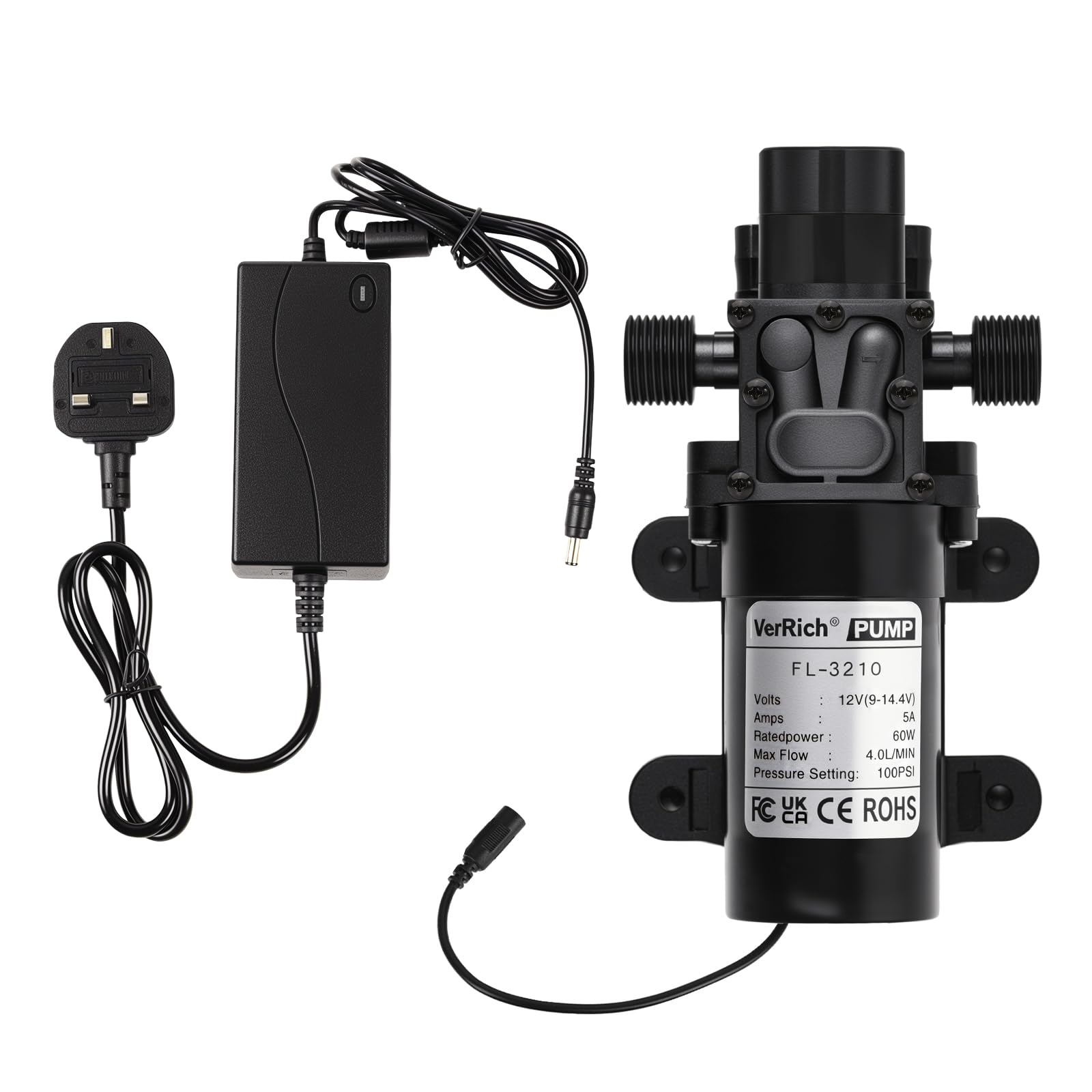 DC12V Water Pump 100PSI 7 Bar Diaphragm Pump 4L/M 1GPM 20mm G1/2" Fitting | with Power Supply Adaptor,Bulit in Pressure Switch,Small Water Pump for Water taps,Motorhome,Caravan
