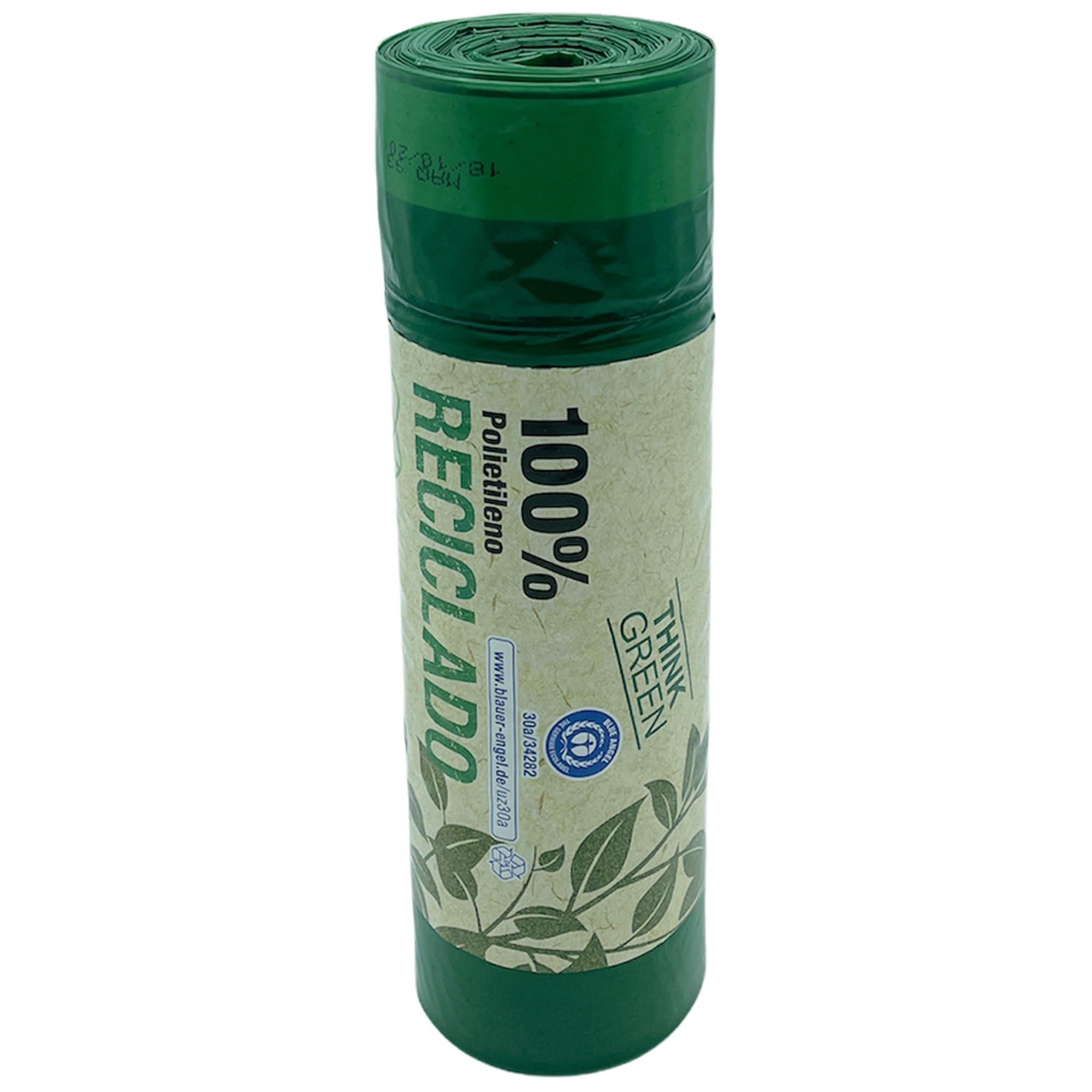 Alfapac - Rollo de 20 bolsas de basura con autocierre, fabricada con materiales 100% reciclados, capacidad 30L, 55x60 cm, color verde