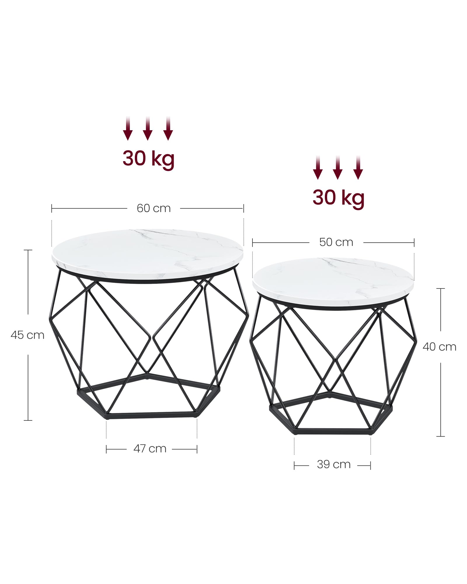 VASAGLE Table Basse Ronde, Lot de 2, Table d’Appoint, Bout de Canapé, Style Moderne, Plateau Amovible, Cadre en Acier, pour Salon, Blanc et Noir LCT041W59