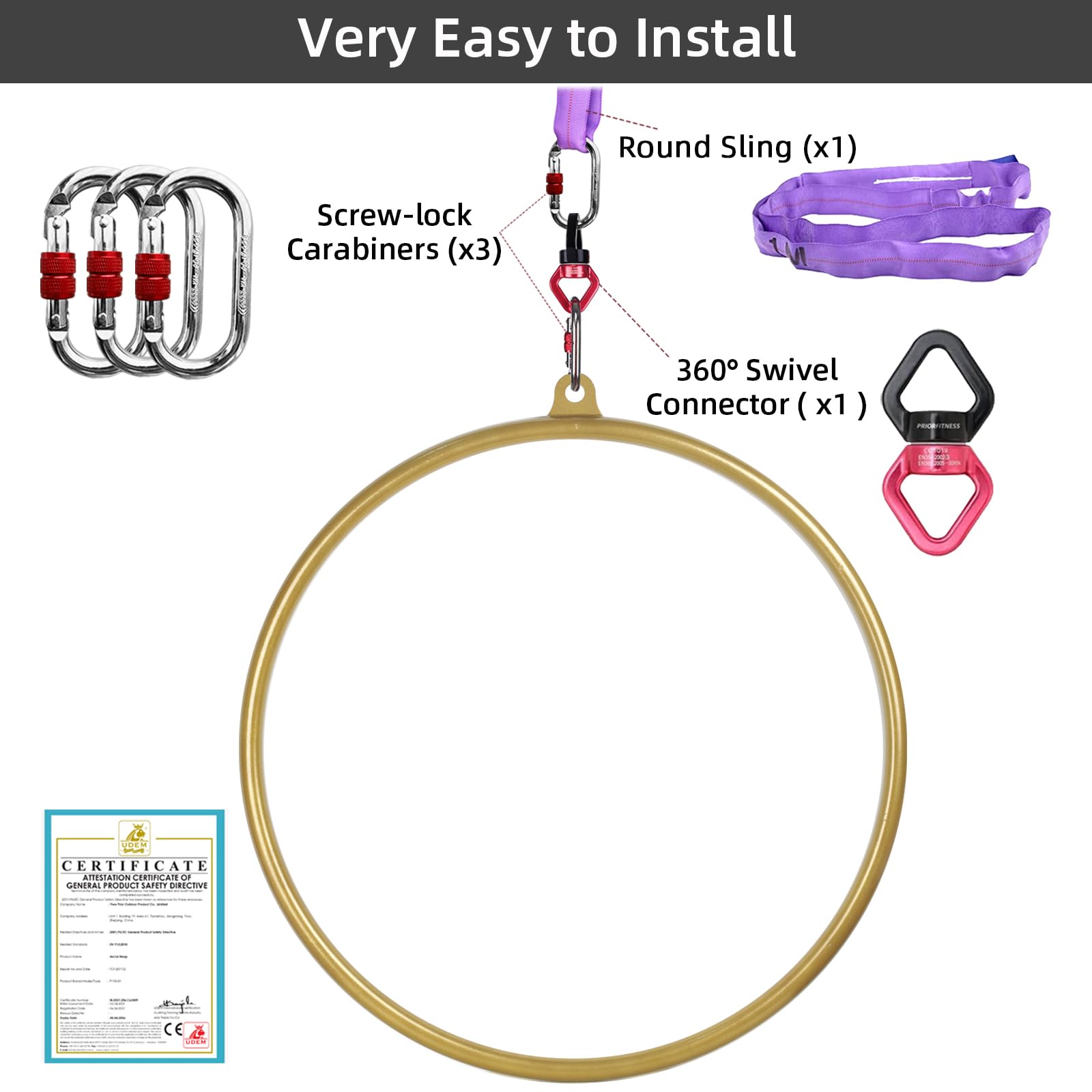 PRIOR FITNESS Cerchio Aereo Professionale 80/85/90/95CM Acciaio Inox Kit Cerchio Aereo Cerchio Acrobatico Cerchio Danza Aerea Attrezzature Circo