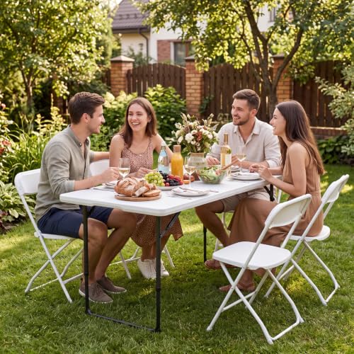 Image of Folding Table, 4 Foot Folding Picnic Table with Adjustable Height, Heavy Duty Folding Portable Table for Weddings, Camping, RV Travel, Parties, BBQs and Indoor Use, Easy to Fold and