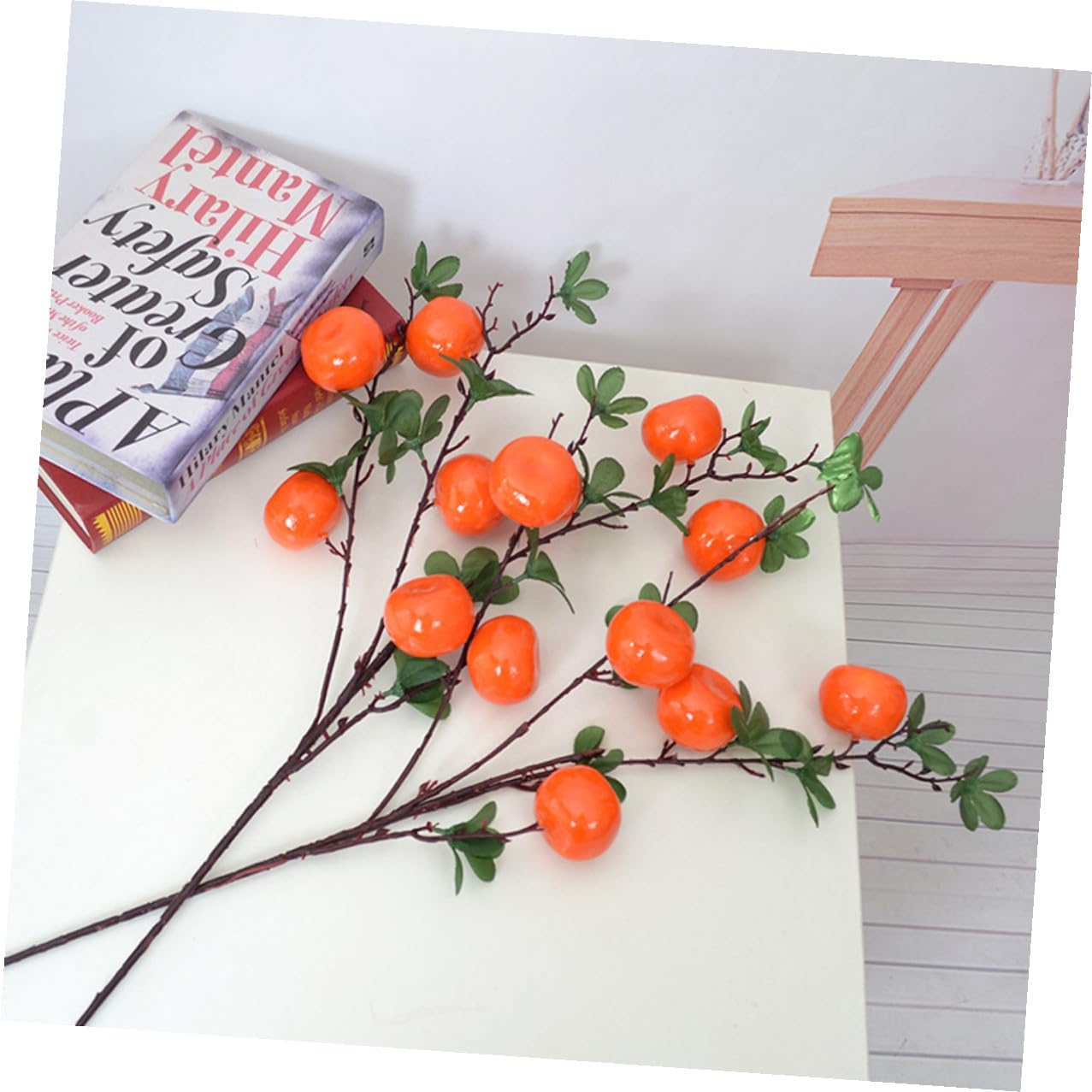 Zerodeko Artificial Orange Branches Faux Tangerine Stems with 7 Heads Lifelike Plastic Fruit Plant Decor for Home Kitchen Tabletop and Photo Props