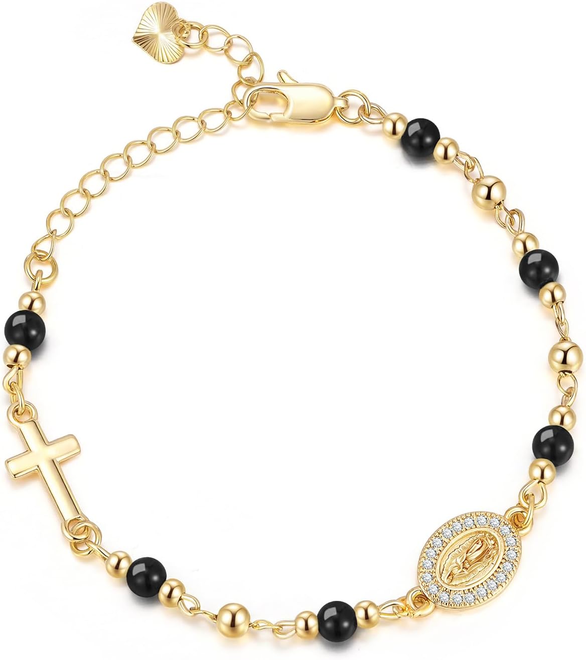Women's Gold Virgin Mary Bracelet - 14K Gold Plated Religious Cross Bracelet,Dainty Golden Non Tarnish Virgen De Guadalupe Natural Stone Beaded Jewelry,Catholic Faith Baptism Confirmation Gift for Her