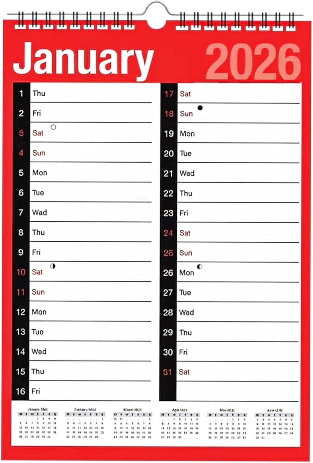2026 Calendar Large A3 Large Year Planner 2 Column MONTH TO VIEW Spiral Bound Wall Planner for Home Business Office School - 1 January 2026 to 31 December 2026 with UK Holidays