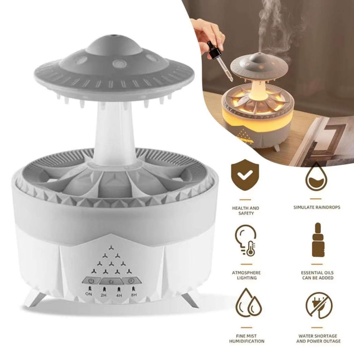 UFO Tasarımlı Hava Nemlendirici ve Aroma Difüzör, Atmosfer Aydınlatmalı, Zamanlayıcılı, 145x189mm