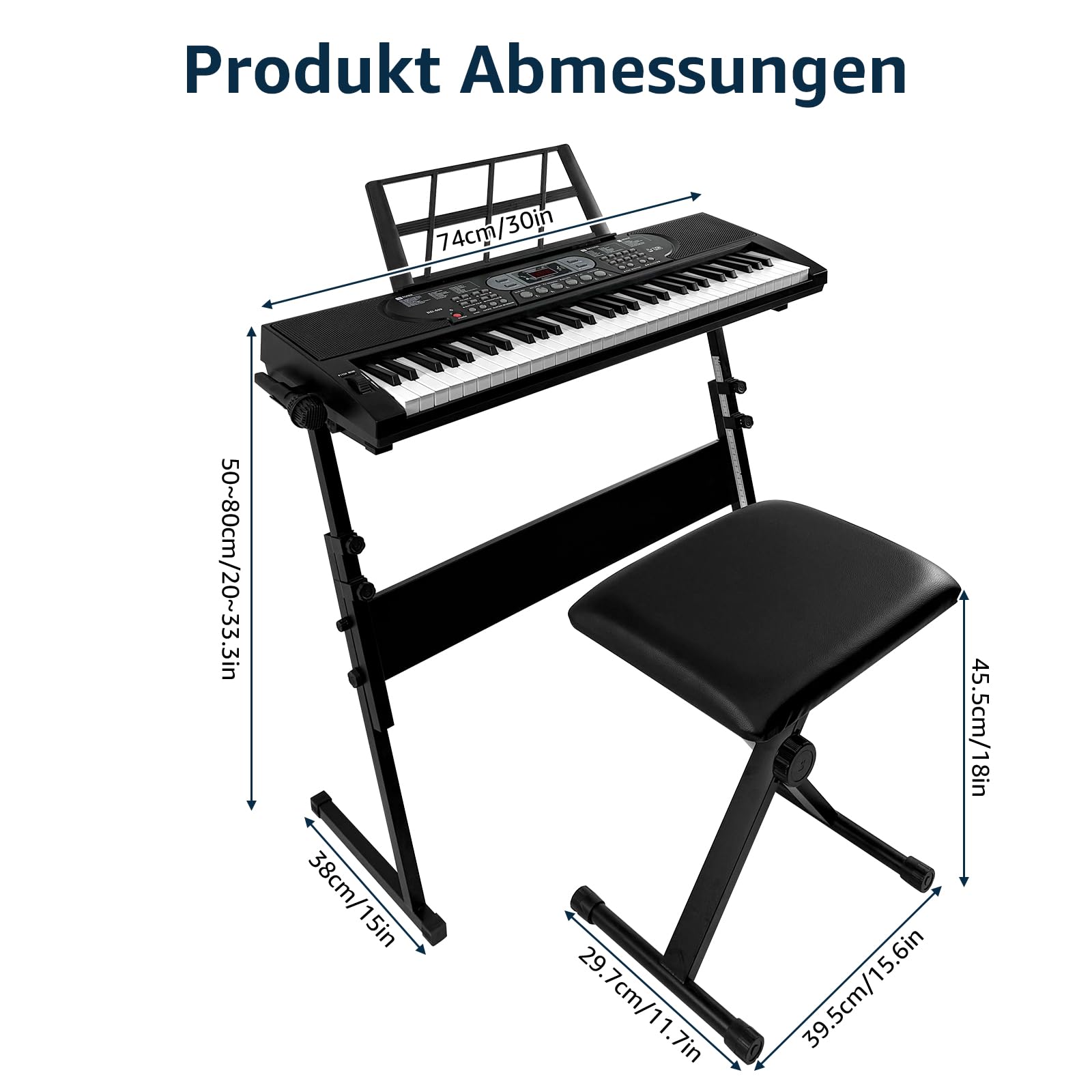 Keyboard Piano 61 Tasten mit Leuchttasten, E Piano für Anfänger, Digitalpiano mit Klavierhocker, Keyboardständer, Notenständer, Mikrofon, mit USB, MIC, AUX & Kopfhörer Anschluss, 3 Lernmodi