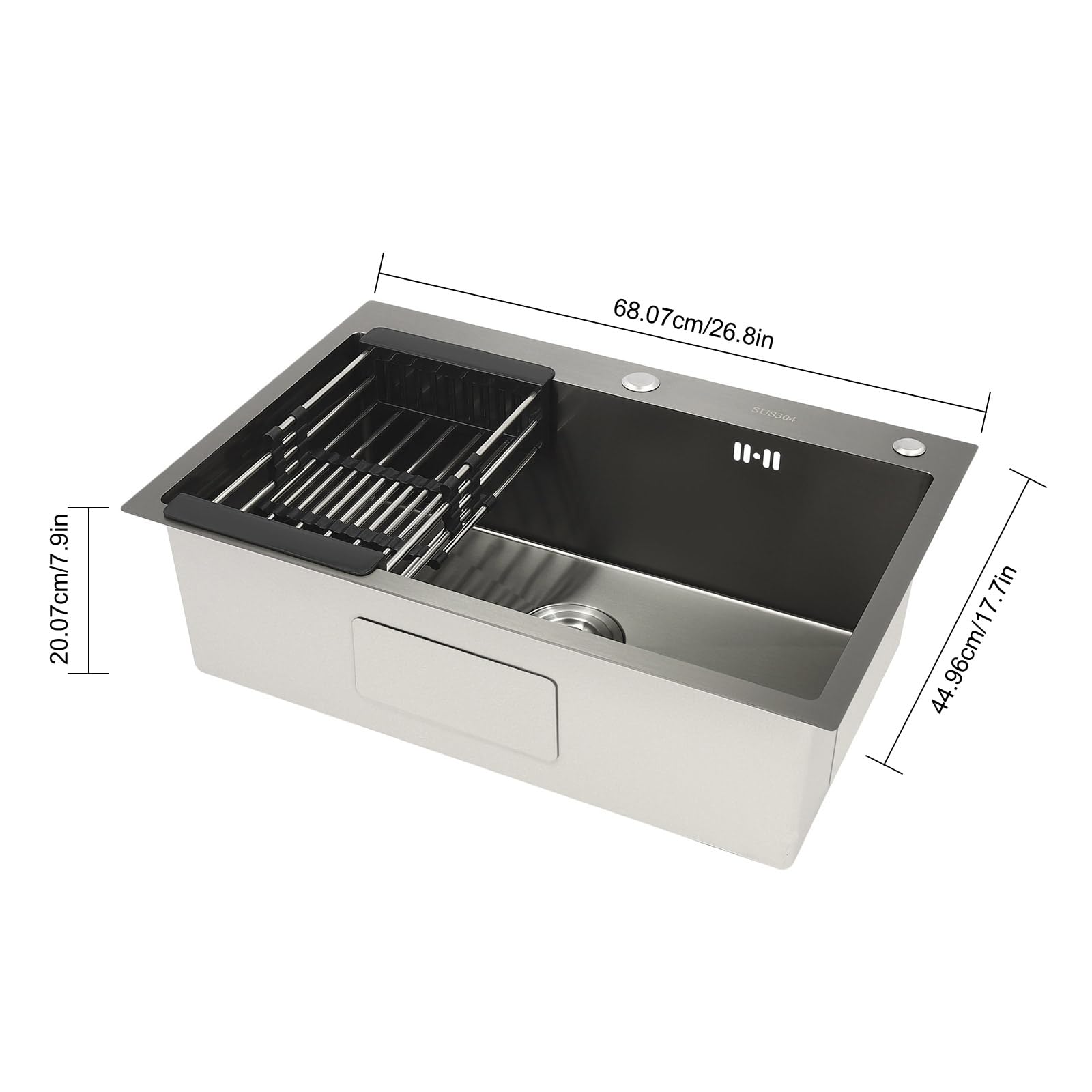 Fregadero de cocina, juego de fregadero de acero inoxidable, fregadero cascada con grifo retráctil, 1 lavabo empotrado, para cocinas, lavaderos, laboratorios, cafeterías, 68 x 45 x 20 cm
