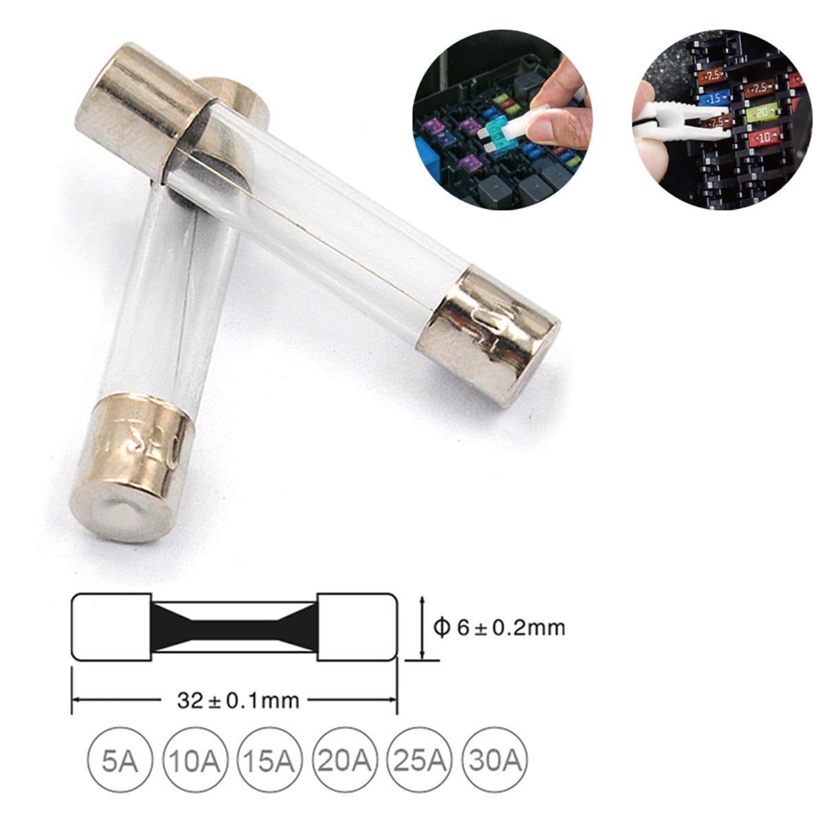 Kit de 10 fusibles de cristal de 5 A, 10 A, 15 A, 25 A, 30 A, fusibles de acción rápida para coche, moto, caravana, camión, barco, diámetro 6 mm (2 paquetes de 20 unidades)